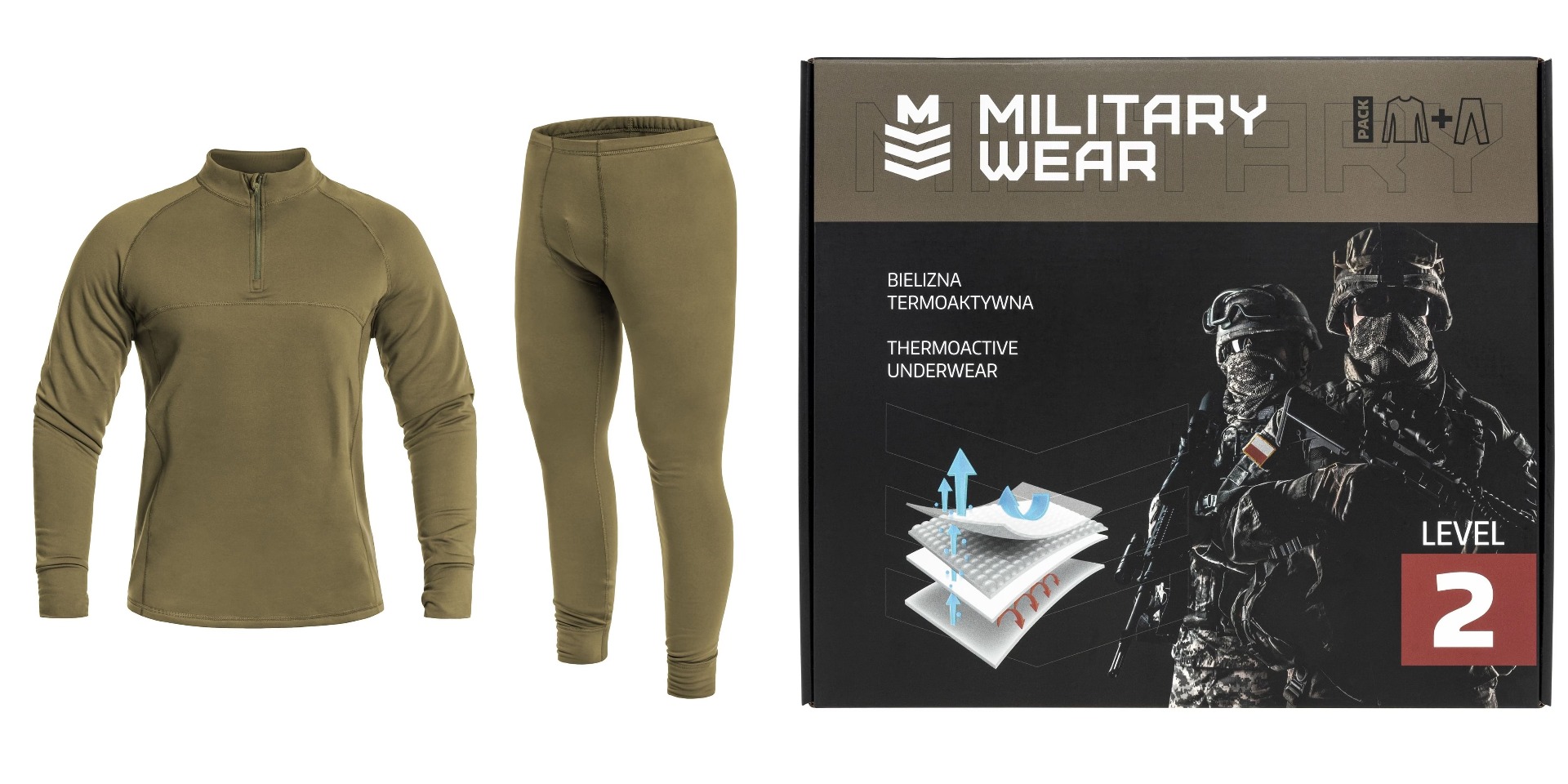 Military Wear Tactical LVL 2 Termo Aktivno Spodnje Perilo Set Olive - Vrhunsko termoaktivno spodnje perilo za športnike, vojake in lovce. Ohranja toploto in suhost v vseh pogojih.