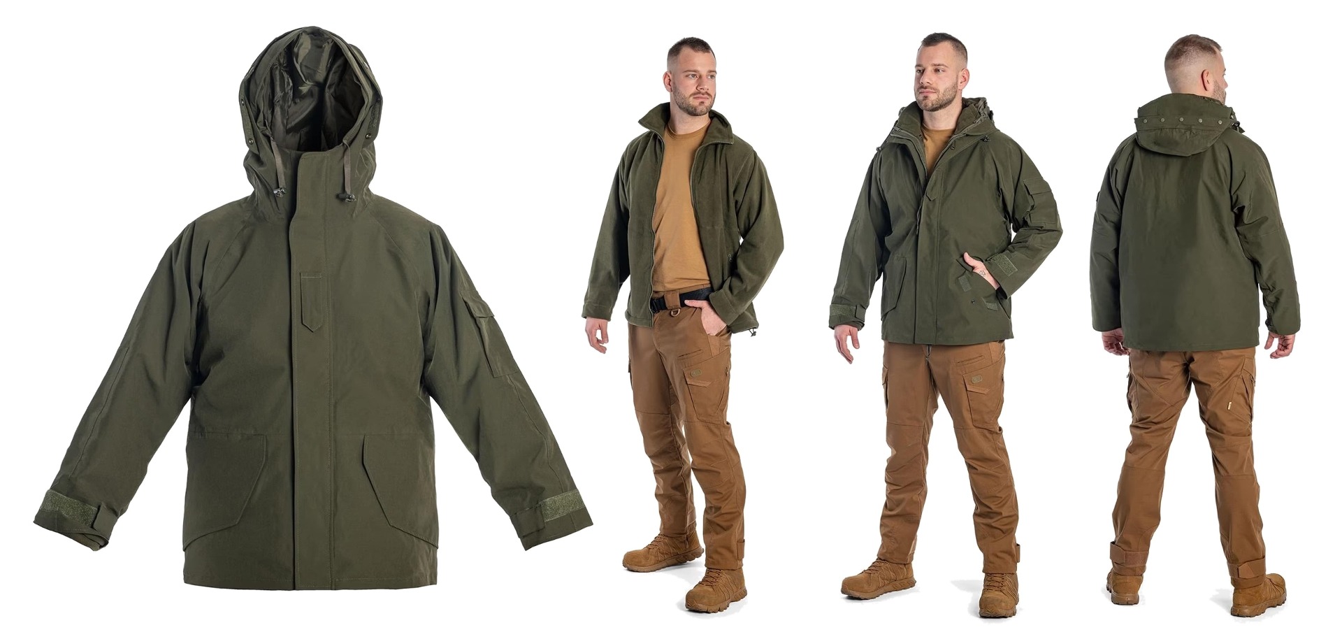 Izvrstna vojaška tri-slojna jakna, odporna na dež in sneg. Podložena s flisom za maksimalno toploto. Popolna izbira za aktivnosti na prostem v vseh vremenskih razmerah. Udobna, funkcionalna in vrhunske kakovosti.