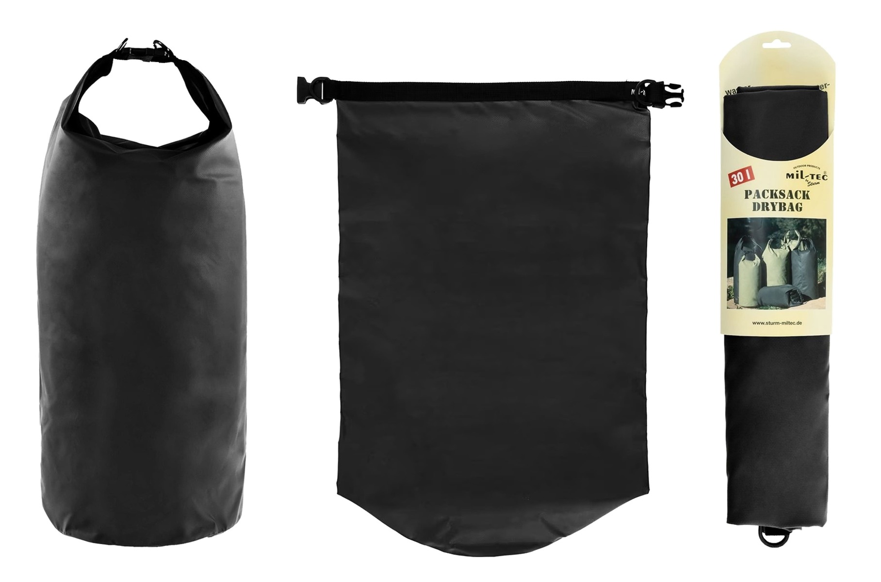 DRY BAG 30 MILTEC - vojaška nepremočljiva vreča (30 litrov) za nahrbtnike srednjega volumna črna barva Vodotesna torba zasnovana za prenašanje prtljage, spalne vreče, oblačil, dokumentov in drugih osebnih predmetov. Narejena je iz trpežnega, gumiranega PVC.