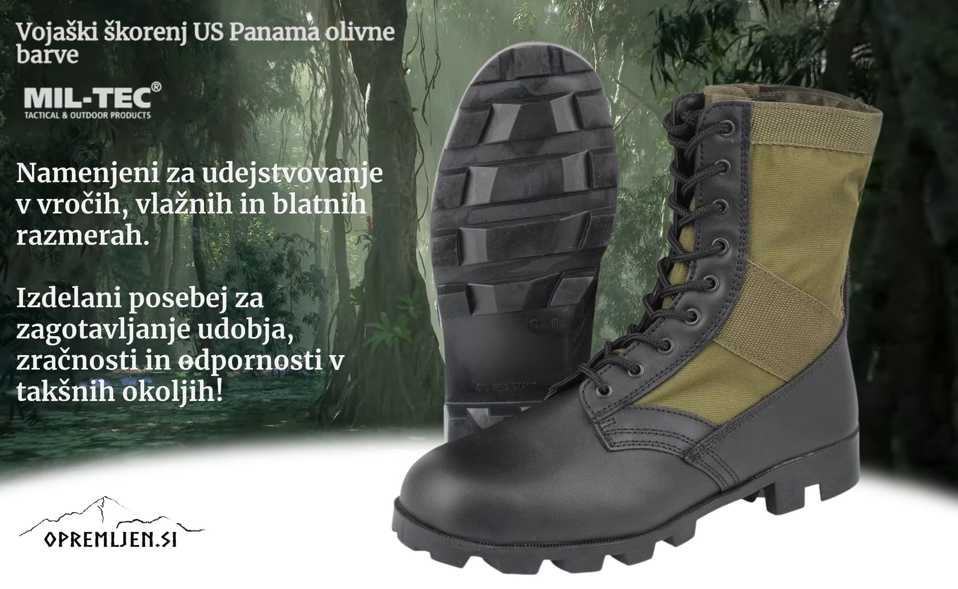 Udoben in trpežen vojaški škorenj Panama v olivni barvi - idealen za terenske aktivnosti. Najboljša vojaška obutev za prodajo in izobraževanje. Nakup zdaj!