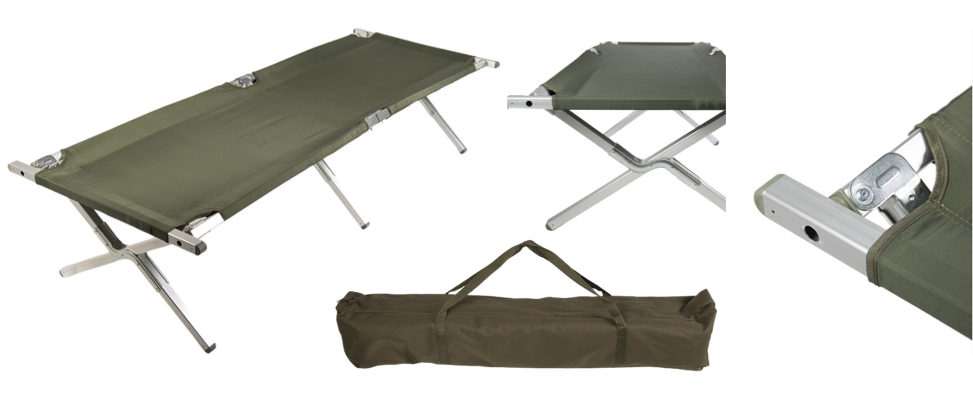Pridobite udobno vojaško zložljivo posteljo z nosilnostjo do 160 kg. Enostavno zložljiva terenska postelja z olivno barvo in transportno torbo. Idealna za vojake, pohodnike in kampiranje.
