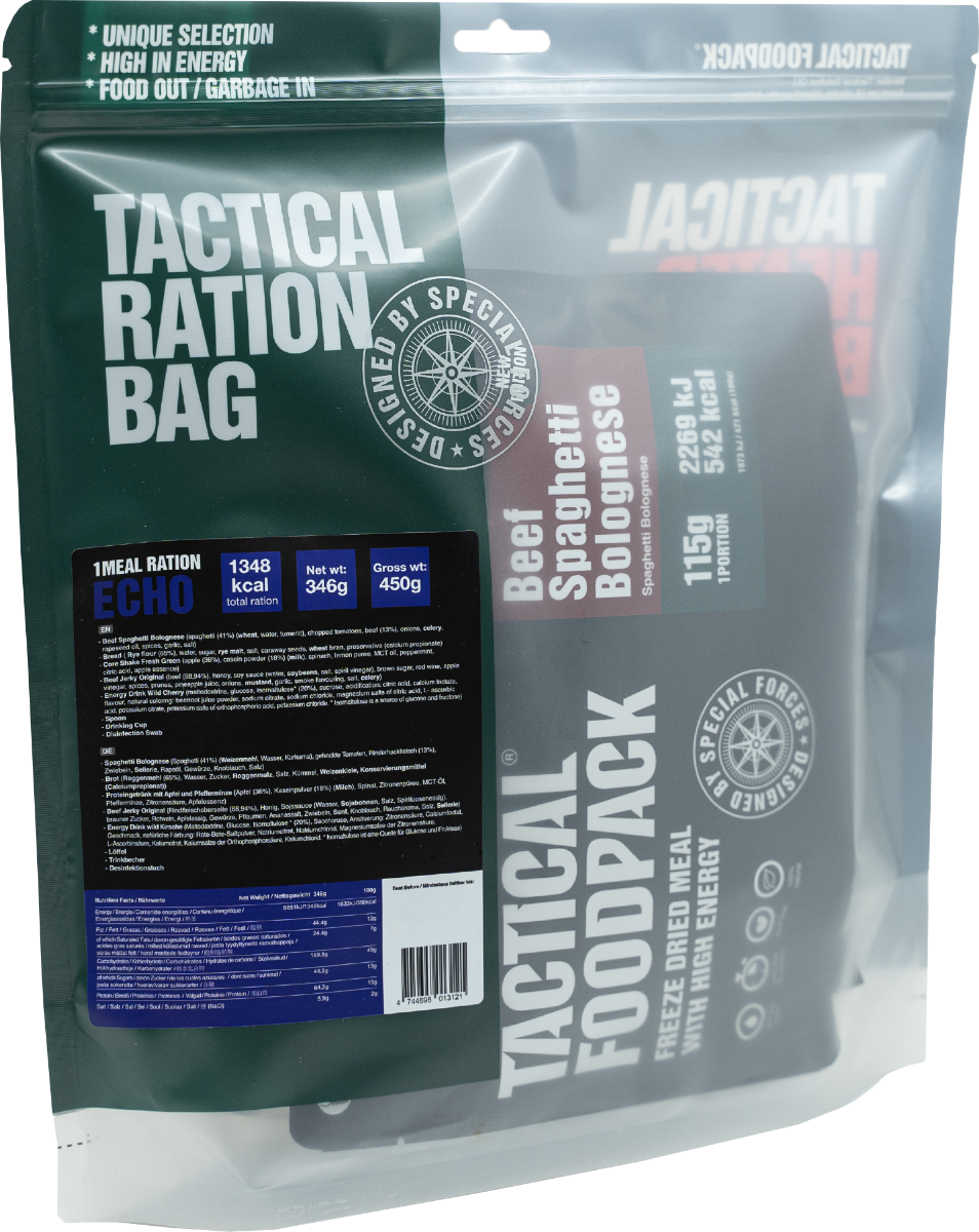 Tactical Foodpack MRE paket "1 Taktični dnevni obrok ECHO Tactical Foodpack": Vrhunska liofilizirana vojaška hrana za prehranjevanje na prostem. Dolgotrajna obstojnost, visoka hranilna vrednost. Idealna za pohodništvo, kampiranje in aktivnosti na prostem. Pridobite svoj obrok v sili za preživetje!