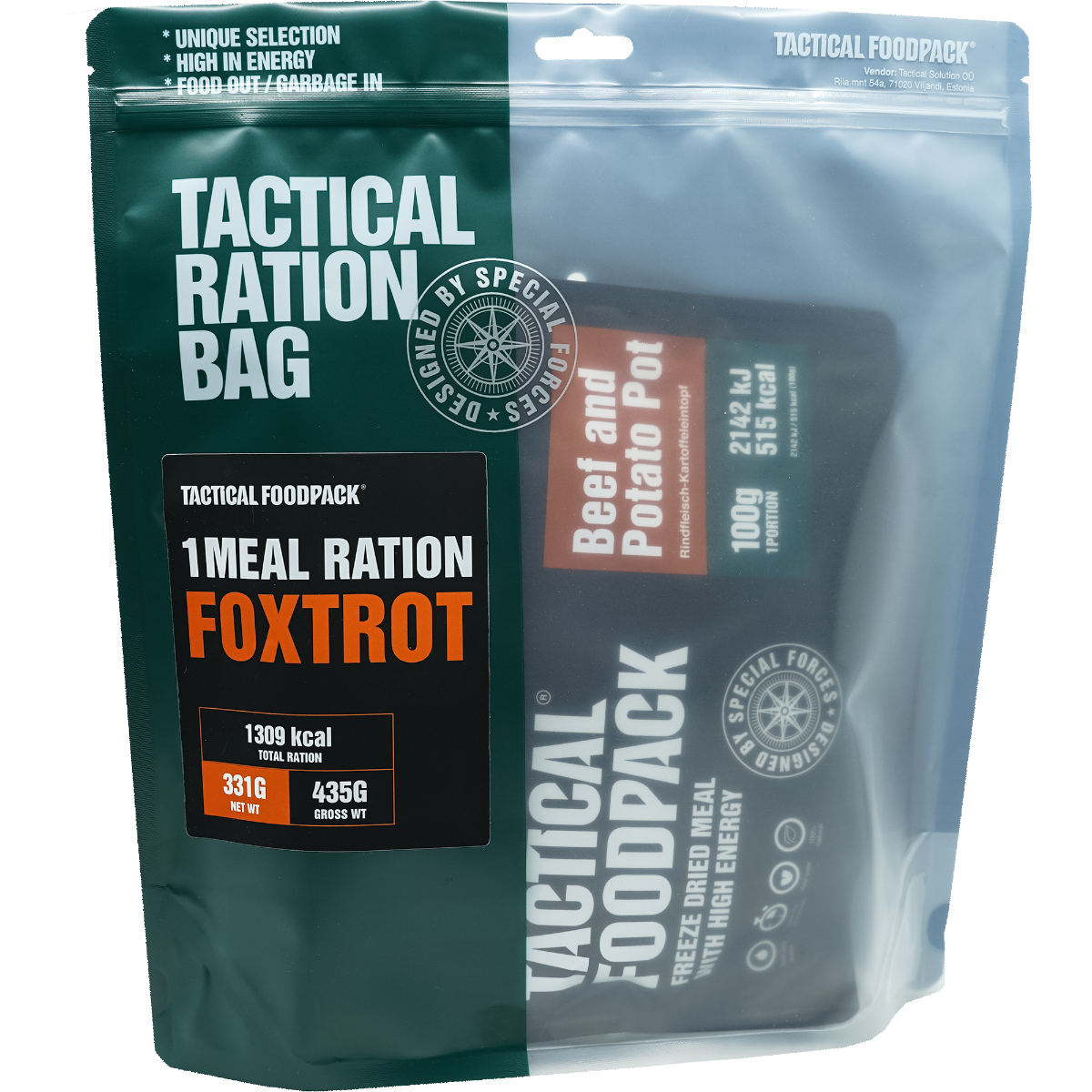 Odkrijte 1-Meal Ration Foxtrot Tactical Foodpack - visoko kvalitetno, liofilizirano pakirano hrano, idealno za pohodništvo, kampiranje in preživetje v izrednih situacijah. S praktičnim priborom in hitro pripravo, zagotavlja energijo in hranilne snovi kjerkoli ste.