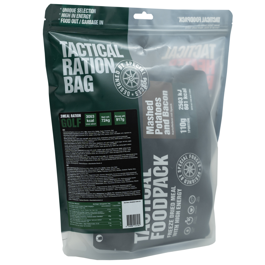  3-meal ration GOLF Tactical Foodpack je visoko kakovostna liofilizirana hrana s priborom, idealna za preživetje v naravi, avanturiste in vojaške operacije. Zagotovite si hranljive, enostavne in kompaktne obroke za potovanja, pohode ali kampiranje.