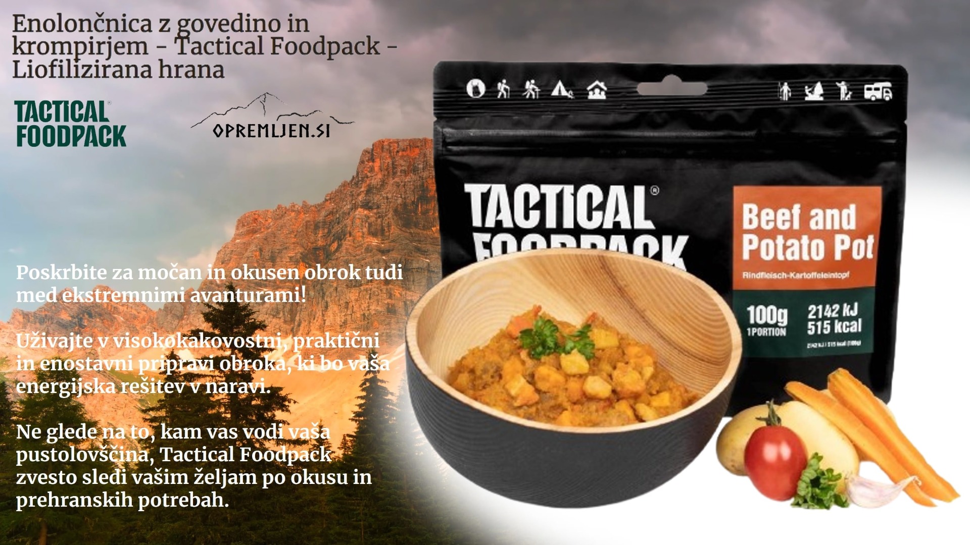 Uživajte v okusni enolončici z govedino in krompirjem s Tactical Foodpack za vse vaše avanture na prostem. Popolna hrana za na pot, ki vam bo dala energijo in zadovoljila vaše brbončice.