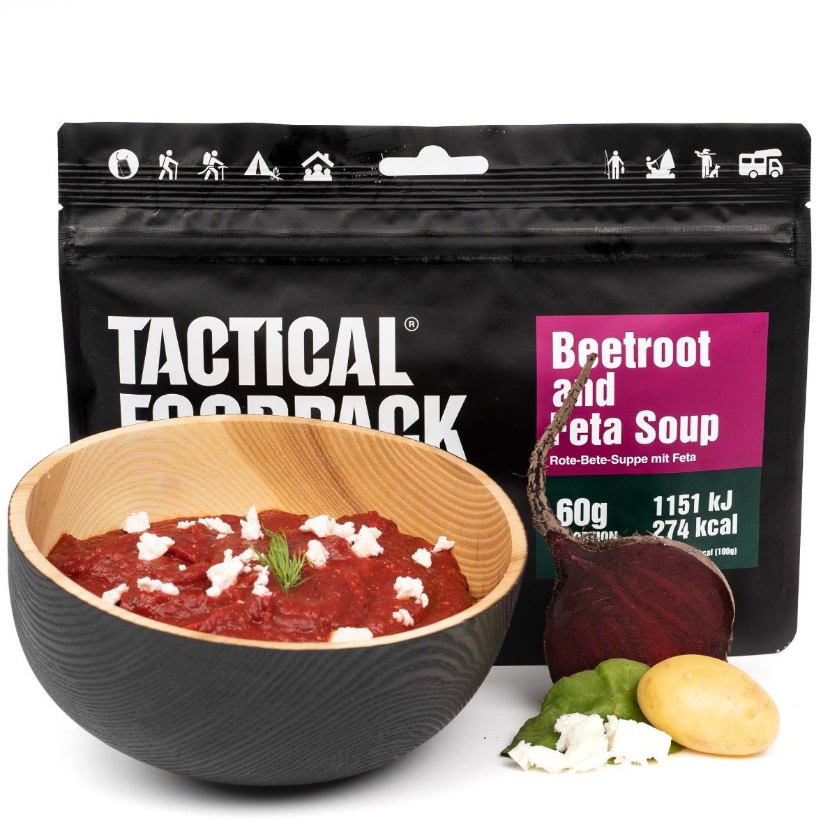 Uživajte v okusu liofilizirane rdeče pese in fete s Tactical Foodpack juho s peso in feta sirom. Pripravljena hitro in enostavno, idealna za pohodništvo in avanture na prostem.