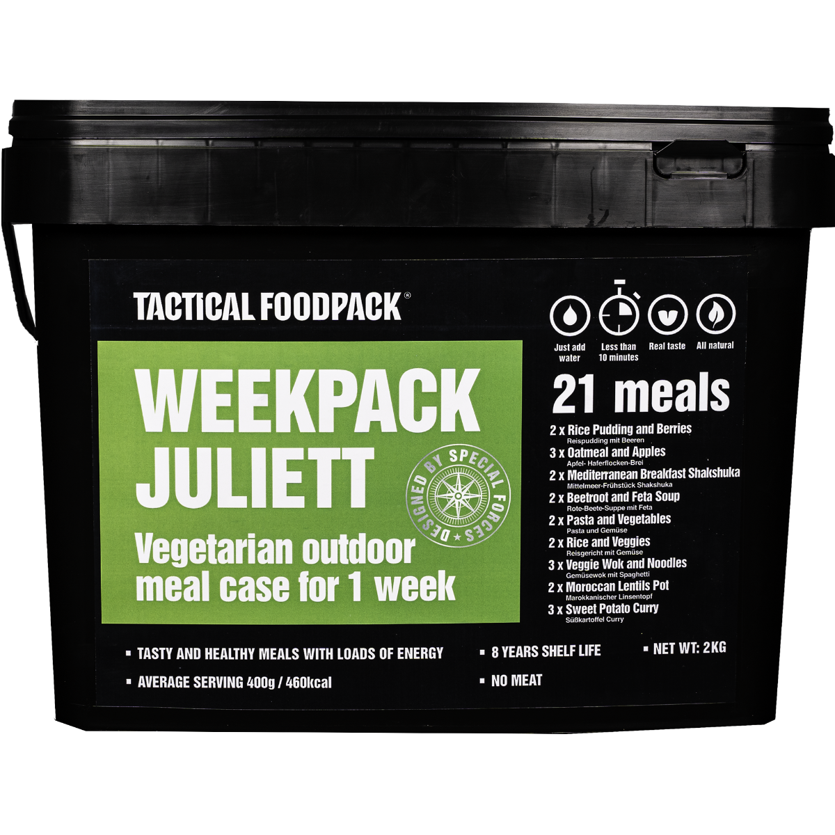 Weekpack Juliett Tactical Foodpack je vrhunska liofilizirana hrana za na pot. Ta paket 21ith vegetarijanskih Tactical Foodpack obrokov zagotavlja visoko hranljivost in uravnoteženo prehrano za aktivne posameznike v ekstremnih razmerah. Tactical Foodpack