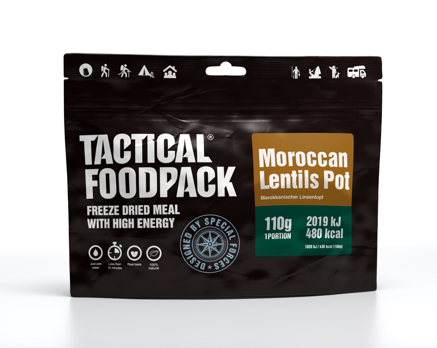 Uživajte v okusni Maroški enolončnici z lečo Tactical Foodpack. Liofilizirana hrana v vrečki, enostavna za pripravo. Zdrava prehrana na prostem za pohodnike, kampiranje in avanturiste. Visokoenergijska, dolgo obstojna hrana za popotnike, gornike in športnike. Preživite na prostem brez skrbi z Tactical Foodpack!