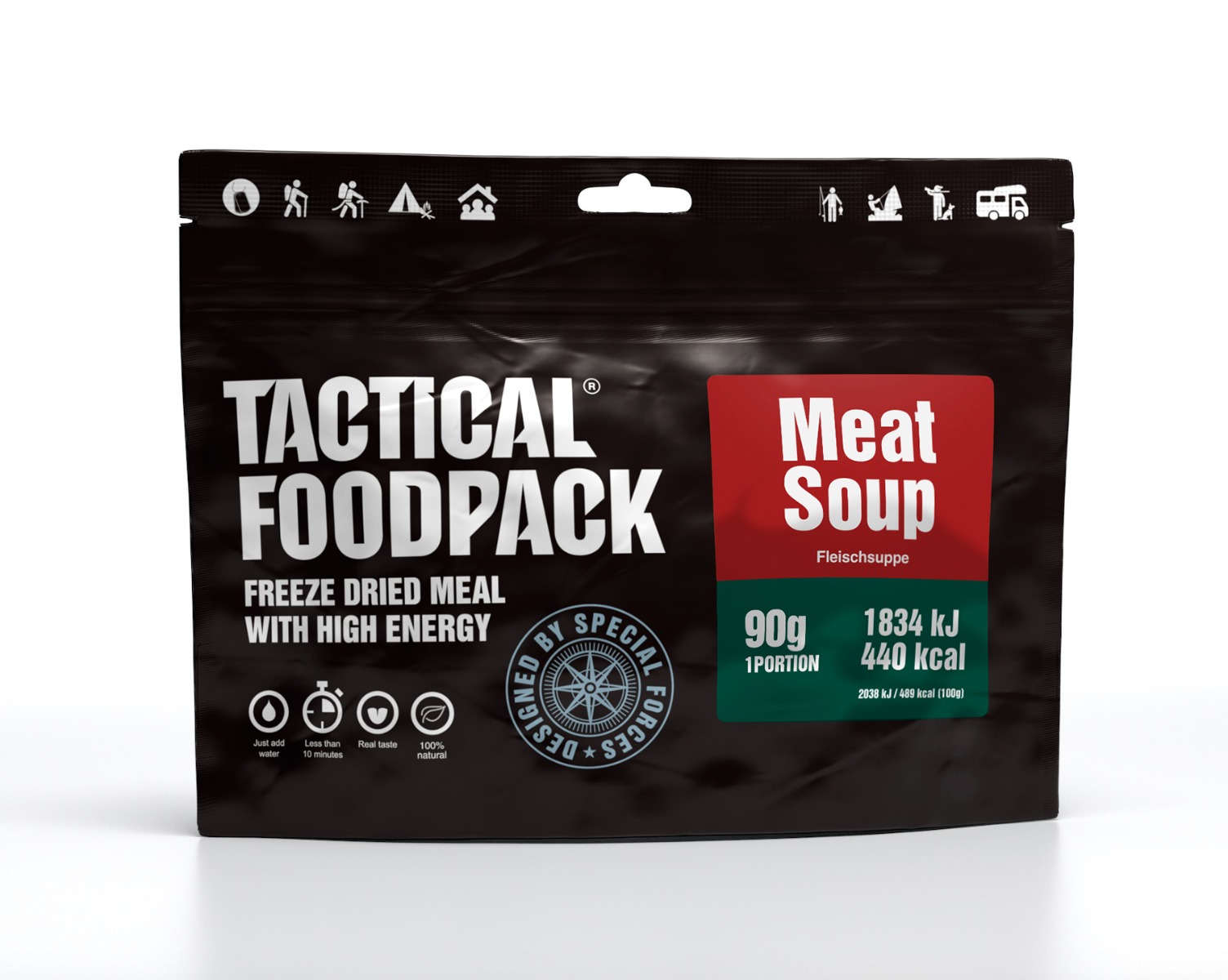 Uživajte v kakovostni liofilizirani hrani z Mesna juha Tactical Foodpack. Hrana za preživetje na prostem, kot nalašč za pohodništvo, kampiranje in izlete. Hitra priprava, dolga obstojnost in enostavno shranjevanje.