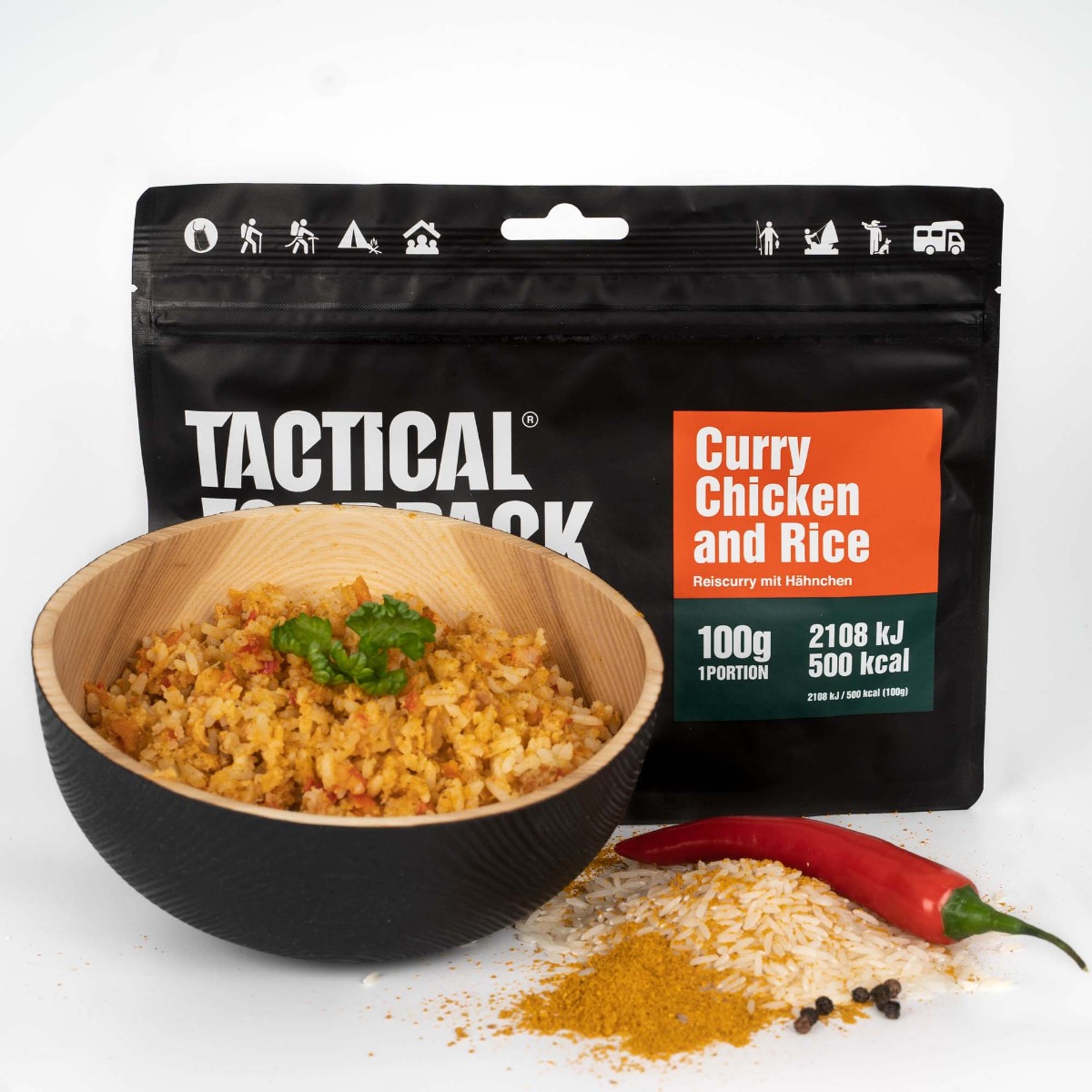 Uživajte v okusnem piščančjem kariju z rižem Tactical Foodpack - liofilizirani hrani, primerni za pohodništvo, kampiranje in preživetje v naravi. Hiter obrok z visoko hranilno vrednostjo, dolgo svežino ter enostavno pripravo. Pridobite energijo in okusite vrhunsko vojaško hrano!