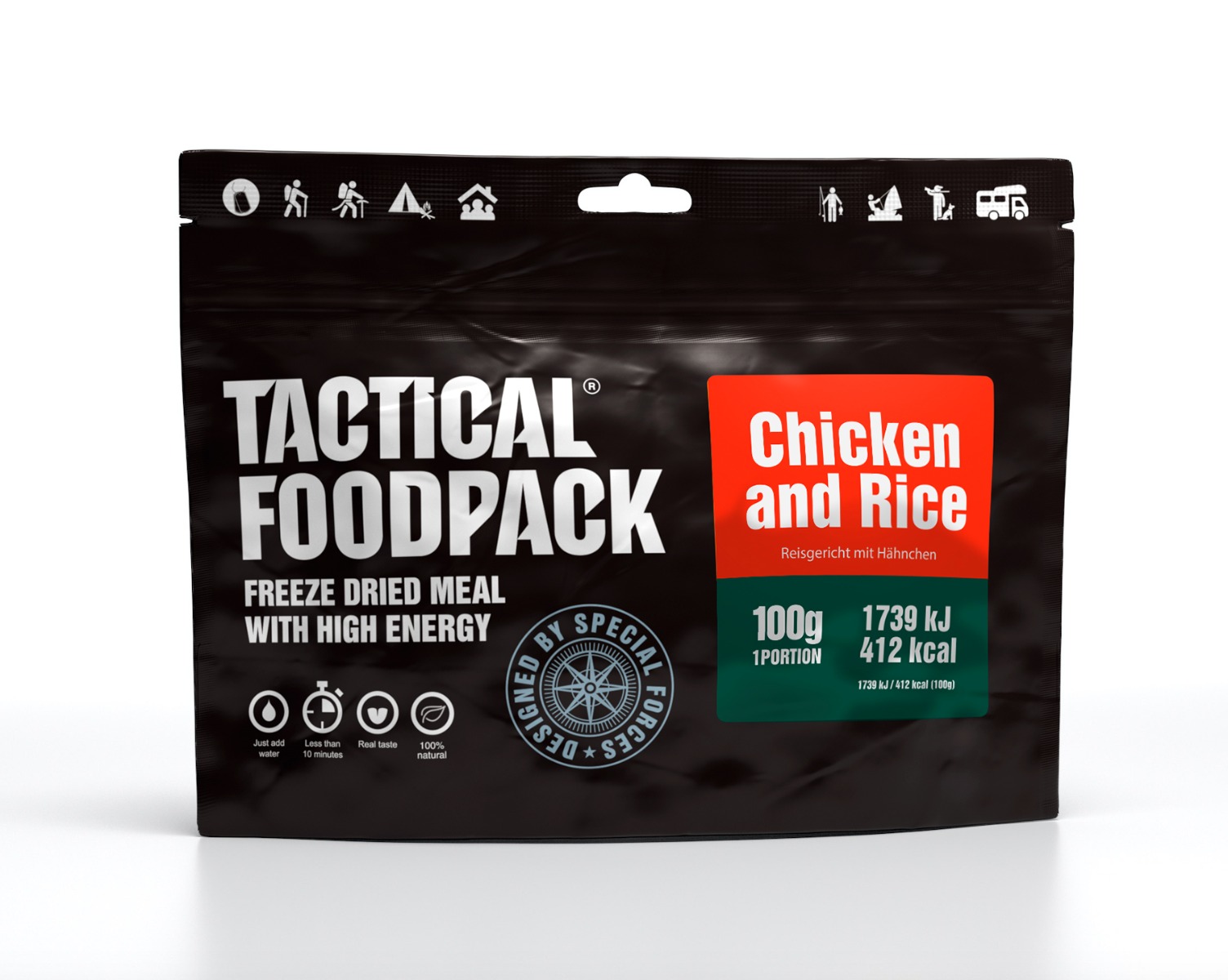Tactical Foodpack liofilizirana hrana: Piščanec in riž obrok za planinarjenje, aktivnosti na prostem in preživetje. Prenosljiva, visoko kakovostna, enostavna priprava.