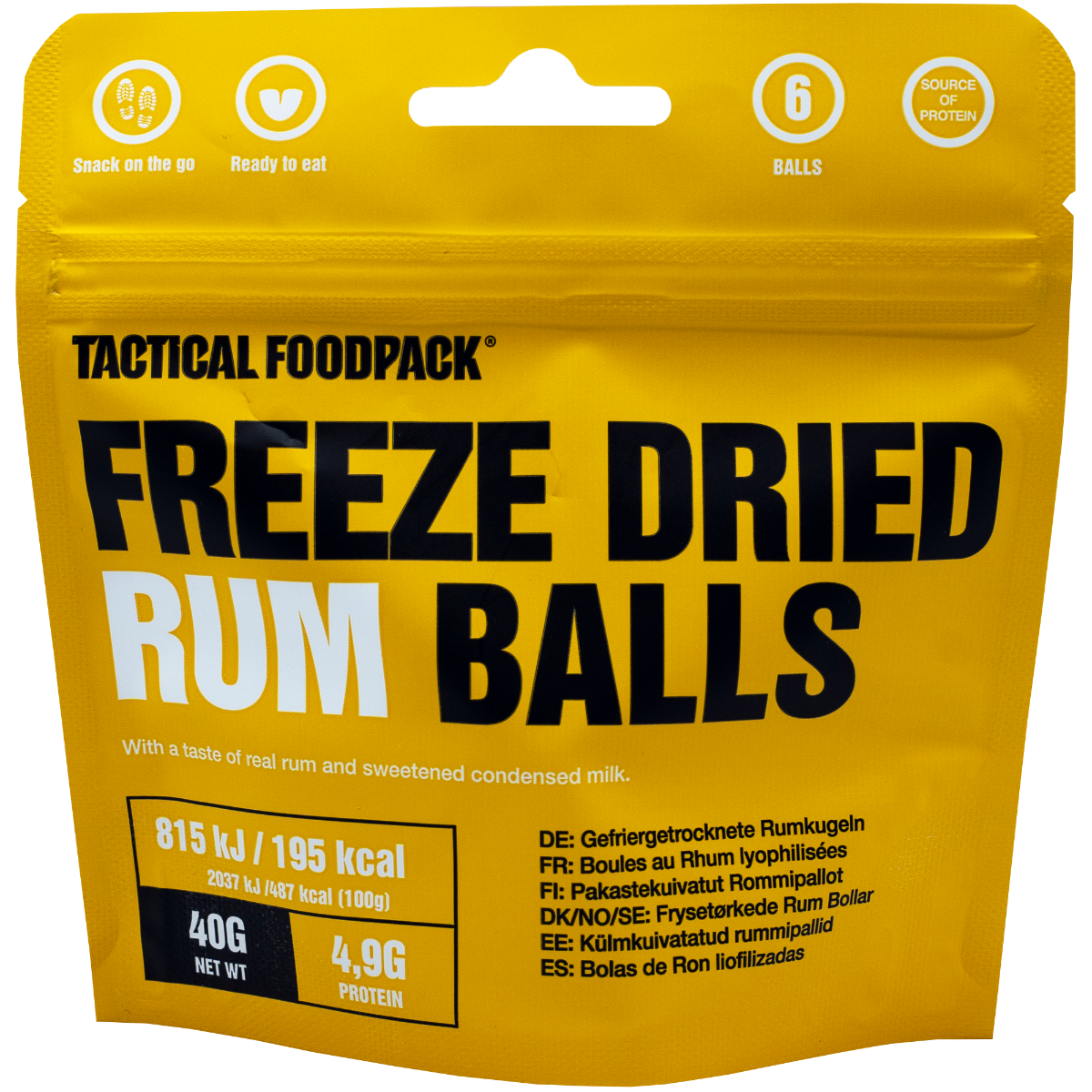 Uživajte v sladkem razvajanju na poti s Tactical Foodpack Freeze-Dried Rum Balls. Te liofilizirane rum kroglice so popolna izbira za ljubitelje sladkarij in aktivnosti na prostem. Z okusom pravega ruma, visoko kakovostnimi sestavinami, vključno z maslom in kondenziranim mlekom, ter brez potrebe po pripravi, vam bodo te kroglice zagotovile energijo in okusno razvajanje med vašimi pustolovščinami. Ne odlašajte, dodajte jih v svojo košarico in se pripravite na neverjetno slastno doživetje na poti.