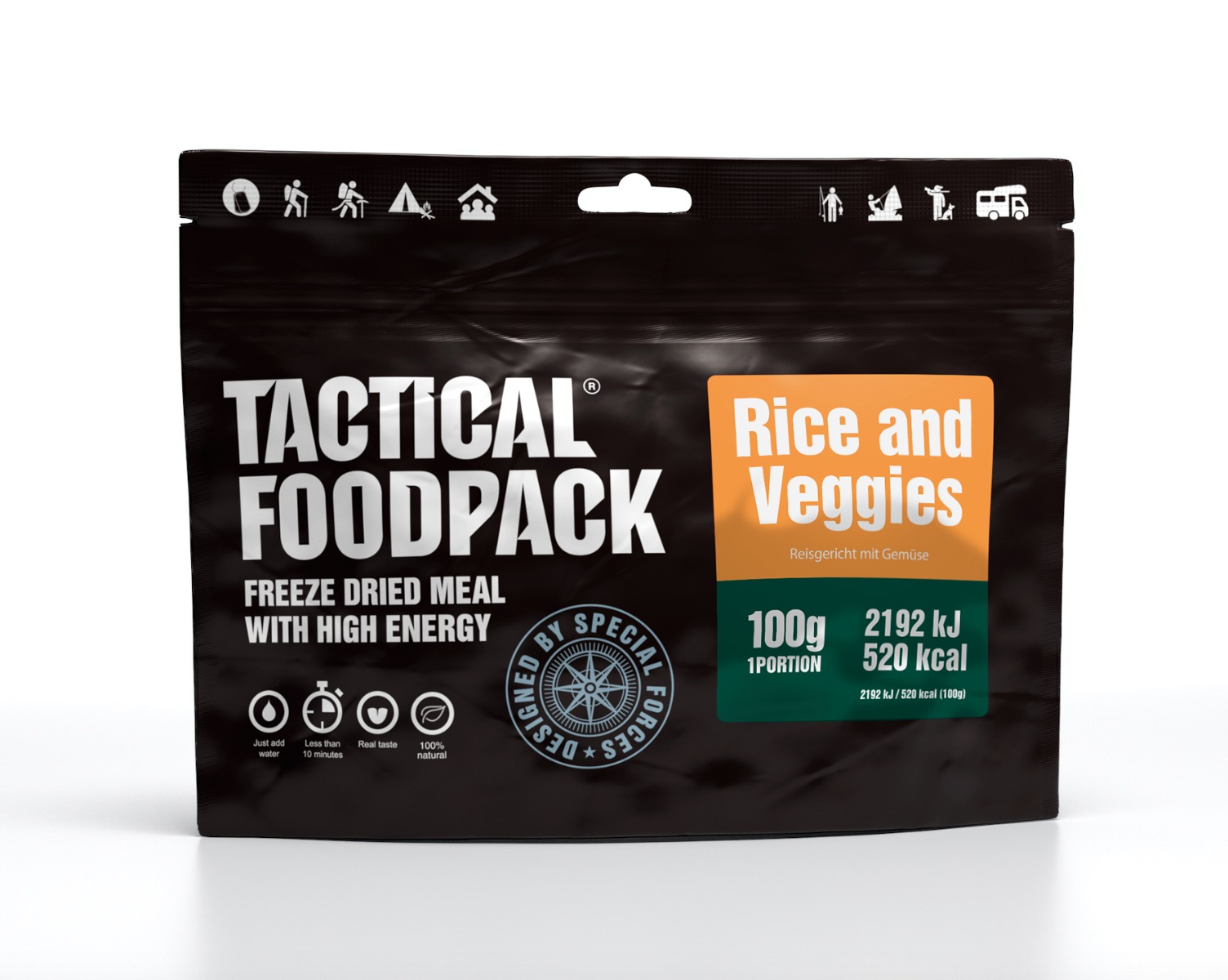 Uživajte v okusni liofilizirani hrani Tactical Foodpack - riz z zelenjavo. Visokokakovostna in lahka hrana, primerna za pohodnike, kampiranje in športnike. Pripravite si okusen obrok v ekstremnih razmerah.