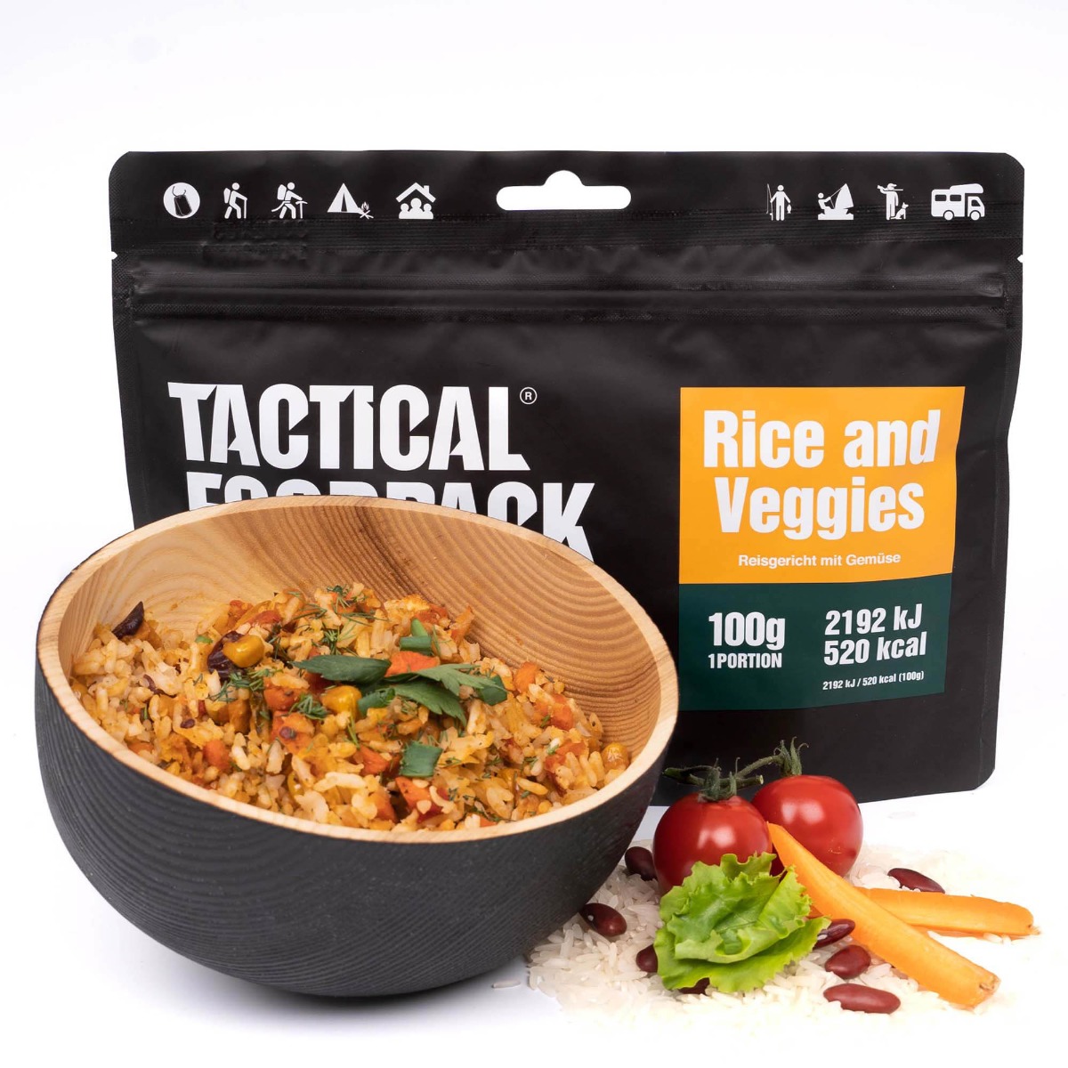 Uživajte v okusni liofilizirani hrani Tactical Foodpack - riz z zelenjavo. Visokokakovostna in lahka hrana, primerna za pohodnike, kampiranje in športnike. Pripravite si okusen obrok v ekstremnih razmerah.