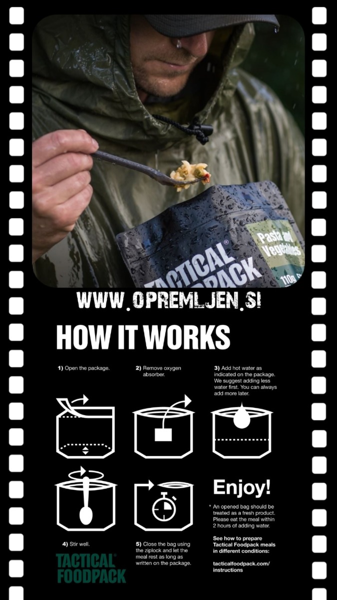 TACTICAL FOODPACK, dehidrirana hrana, suhi dnevni obrok, dehidrirana hrana za kampiranje, vojaška hrana, mre obrok, sdo hrana, liofilizirana hrana, hrana za preživetje, suhi vojaški dnevni obrok, B33 Tactical, B33 army shop, army shop, trgovina z vojaško opremo, vojaška oprema, vojaška trgovina, outdoor trgovina