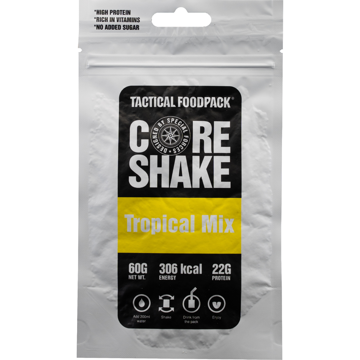 Povečajte svojo zmogljivost in dosežke z Tactical Foodpack Core Shake Tropical Mix - visoko proteinskim superfood smutijem za prehrano mišic. Uživajte v okusu banane, ananasa in dodanih beljakovin v prahu (kazein). Priprava je enostavna, brez glutena in primeren za vegetarijance. Izboljšajte svoje treninge in avanture na prostem z naravnimi sestavinami, ki ohranjajo hranila in vitamine. Naročite zdaj!