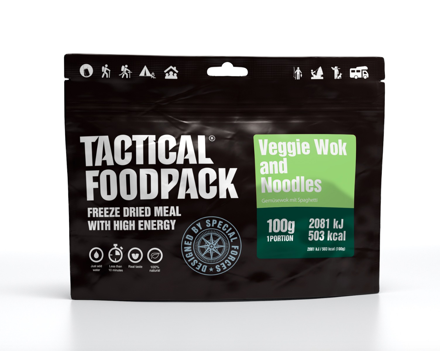 Uživajte v okusnem vegetarijanskem voku z rezanci, ki ga ponuja Tactical Foodpack. Liofilizirana hrana, primerna za pohodništvo in kampiranje. Poskrbite za svoje prehranske potrebe na prostem.