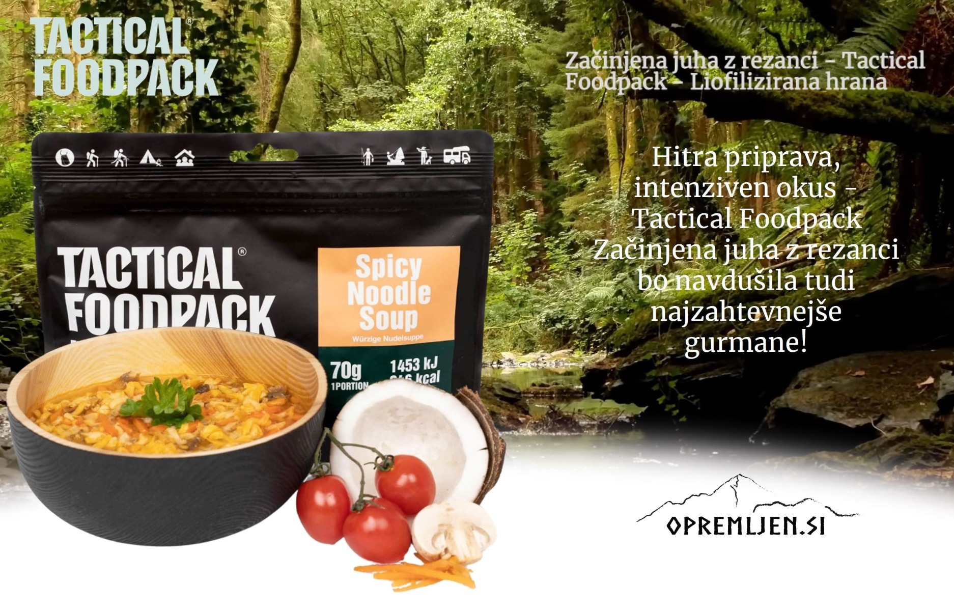 Opremite se za avanture na prostem s taktično hrano Tactical Foodpack. Zdrava in okusna začinjena juha z rezanci za energijo in dobro počutje med aktivnostmi na prostem.