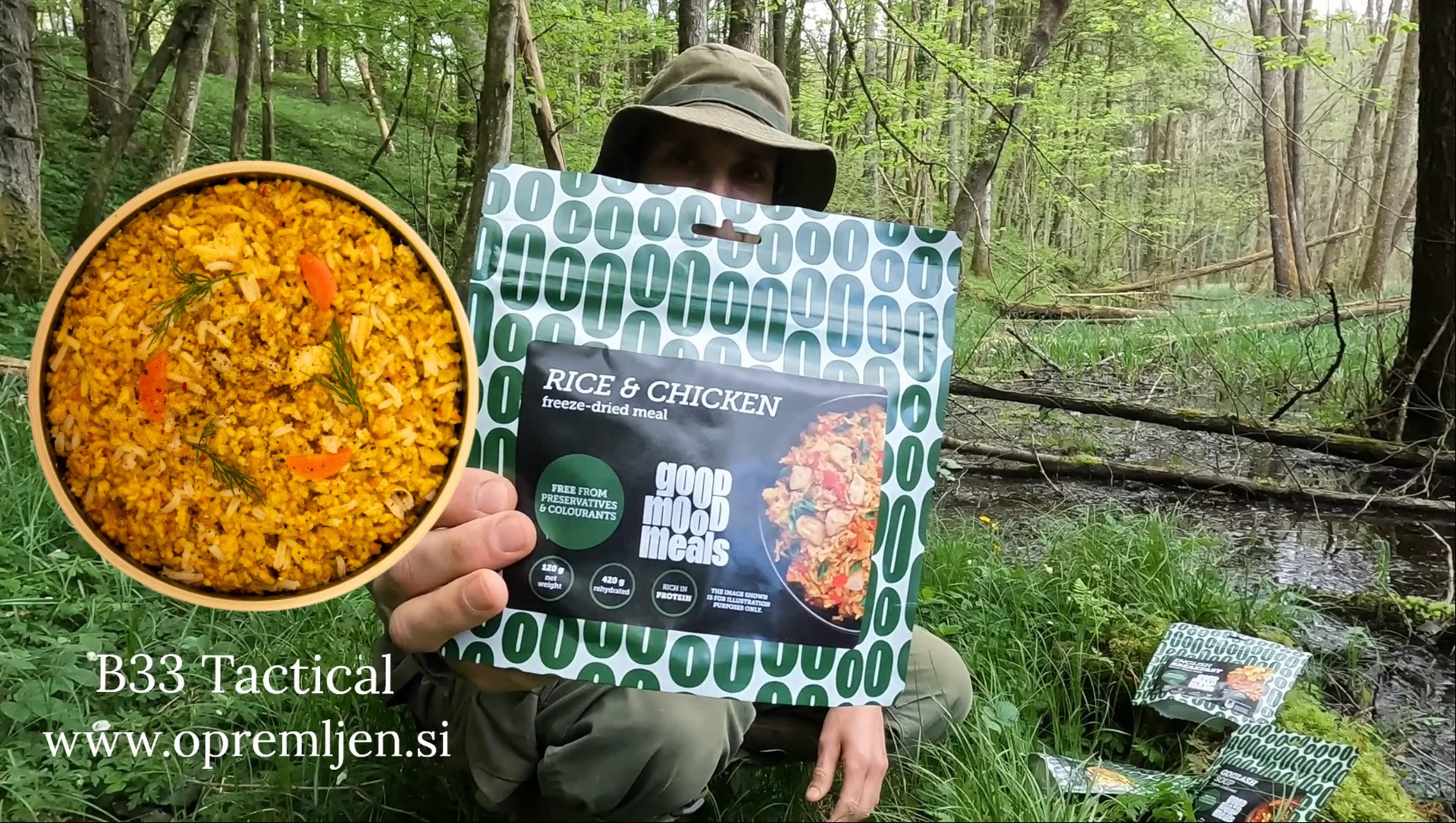Okusen liofiliziran riž in piščanec od Good Mood Meals. Popoln za kampiranje, pohodništvo in izredne razmere. Hitra priprava in hranljivost zagotovljena!
