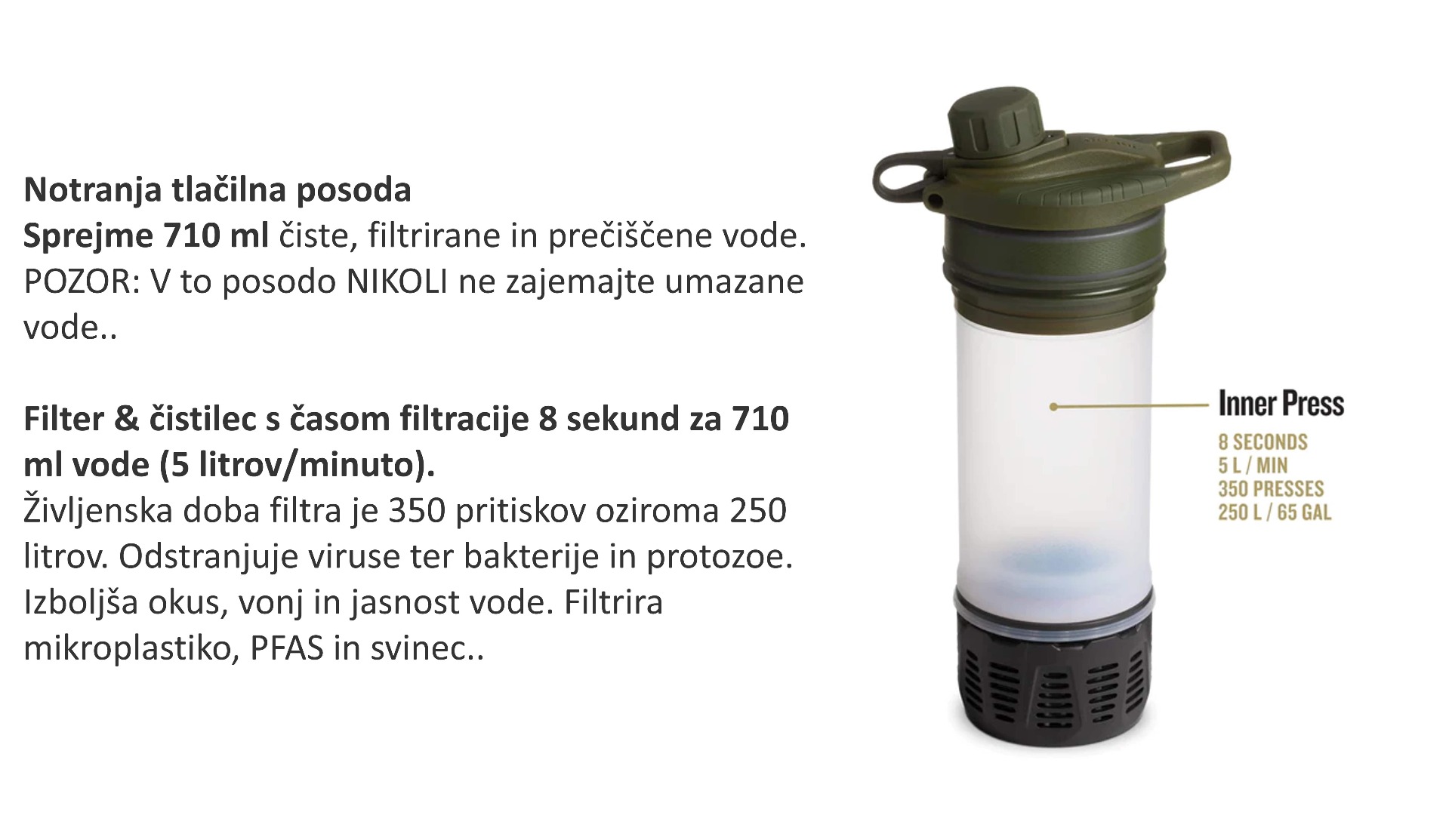 Vodni filter geopressr purifier covert edition olive drap je idealen za čistejšo vodo na poti. Kompakten, zanesljiv in ekološki filter za vodo za kampiranje in pohodništvo. Zagotavlja hitro filtracijo brez bakterij in mikrobov.
