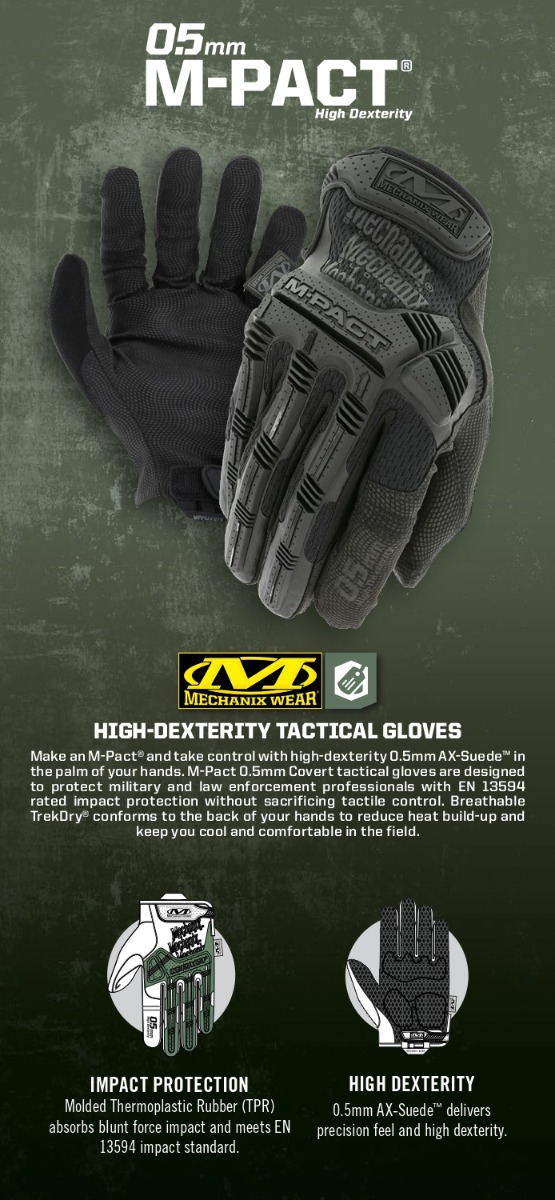 Zagotovite si vrhunsko zaščito in udobje z Mechanix Wear taktičnimi rokavicami M-Pact® Covert 05 Black. Odporne proti udarcem in certificirane EN388. Idealne za vojaške operacije, delo z orodjem in športne aktivnosti. Preverite zdaj!
