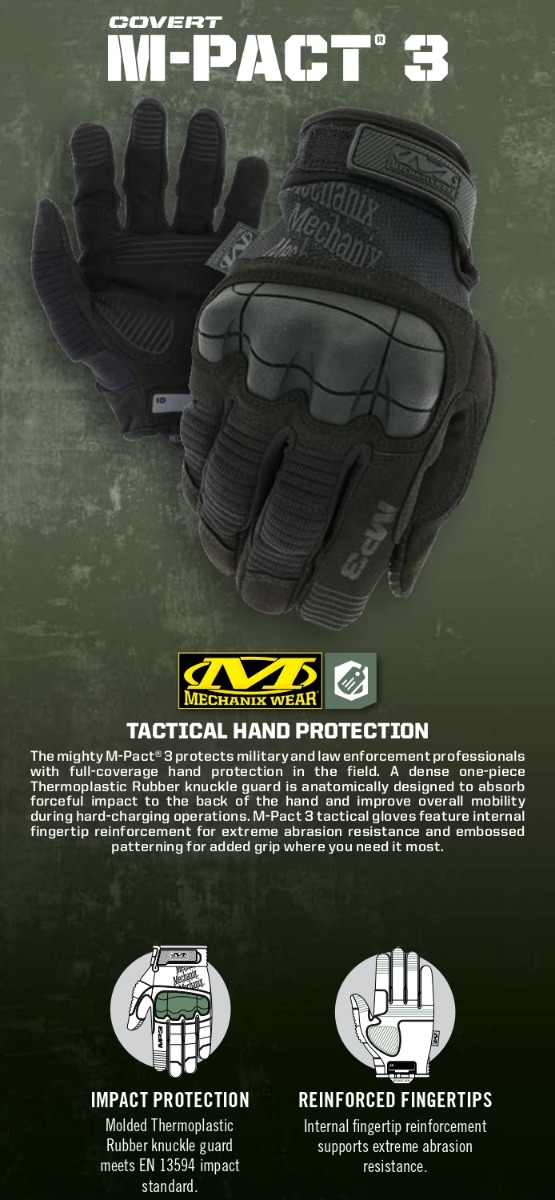 Izberite Mechanix Wear taktične rokavice M-Pact® Covert 3 Black za vrhunsko zaščito in udobje. Odporne proti udarcem, certificirane po EN388 standardu. Idealne za gradbenike, mehanike, vojsko in policijo. Zagotovite si trpežne rokavice z visokim oprijemom.