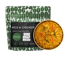 Okusen liofiliziran riž in piščanec od Good Mood Meals. Popoln za kampiranje, pohodništvo in izredne razmere. Hitra priprava in hranljivost zagotovljena!