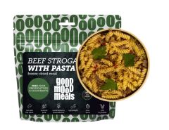 Uživajte v okusnem govejem stroganovu s testeninami od Good Mood Meals. Idealna liofilizirana hrana za hitro in hranljivo kosilo. Pripravljeno v minutah!