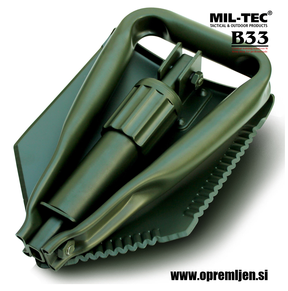 Profesionalna zložljiva vojaška lopata z robustnim tokom za namestitev na opasač ali nahrbtnik olivne barve MILTEC by B33 army shop at www.opremljen.si trgovina z vojaško opremo, vojaška trgovina