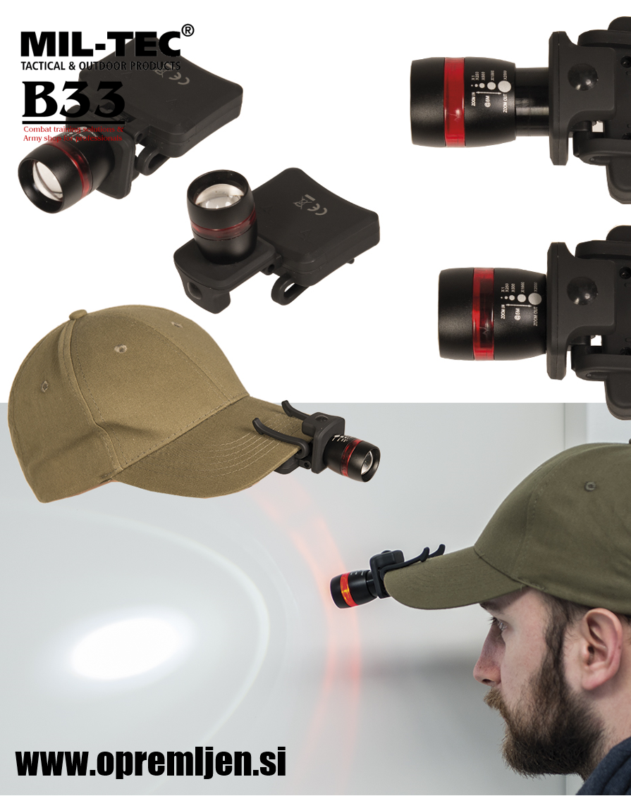 B33 army shop - vojaška naglavna svetilka z nastavljivim zoom snopom MILTEC, MIL-TEC opremite se na www.opremljen.si (trgovina z vojaško opremo, vojaška trgovina)